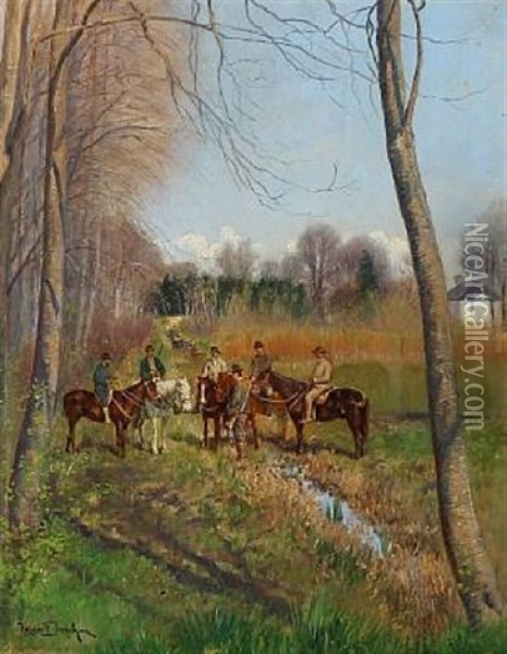 Autumn Day With Hunters On Horseback Oil Painting - Holger Hvitfeldt Jerichau