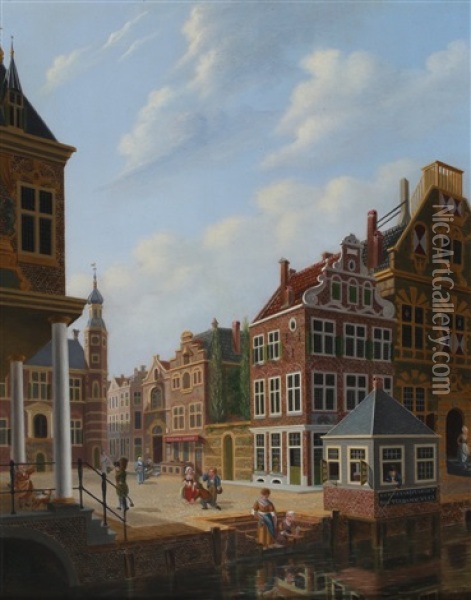 View On A Square In Rotterdam With Playing Children Oil Painting - Jan Hendrik Verheyen
