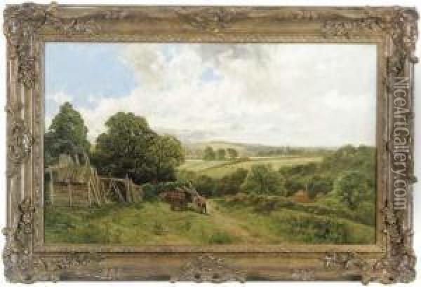Farmers Unloading Wood Before An Extensive Landscape Oil Painting - James Peel