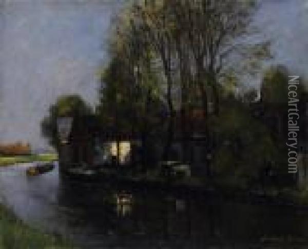 Dutch Canal Landscape With Village. Signed Bottom Right: German Grobe Oil Painting - German Grobe