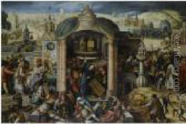 Christ Expels The Money-lenders From The Temple Oil Painting - Pieter van der Heyden
