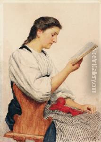Lesende Jungebauerin, Sitzend Nach Rechts, In Einem Buch Lesend Oil Painting - Albert Anker