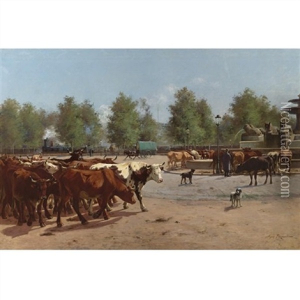 Cows Watering At A Public Square Oil Painting - Aymar (Aimard Alexandre) Pezant