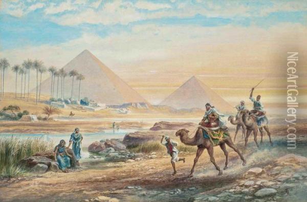Camels At The Pyramids Of Giza Oil Painting - Frederick Goodall