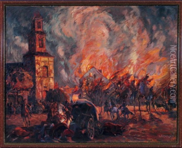 Vormarsch Russischer Truppen In Einer Brennenden Stadt Oil Painting - Georg Lebrecht