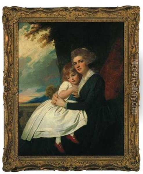 Portrait Of Mrs. Thomas Raikes And Her Daughter, In A Landscape Oil Painting - George Romney