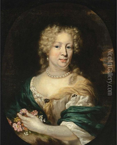 A Portrait Of A Lady, Bust 
Length, Wearing A White Satin Dress With A Green And Yellow Shawl, Pearl
 Necklace And Earrings And Holding Flowers In Her Left Hand, In A Park 
Landscape, In A Painted Oval Oil Painting - Nicolaes Maes