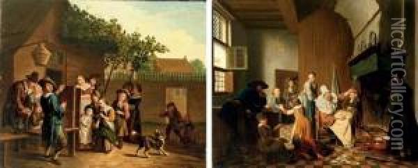 A Village Scene With A 
Puppeteer; And A Domestic Interior With A Boy Being Scolded For Breaking
 A Plate Oil Painting - Jan Jozef, the Younger Horemans