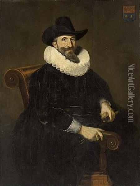 A Portrait Of Elias Van Cuelen, Seated Three-quarter Length, Wearing A Black Coat With White Cuffs And Collar And A Hat, Holding Gloves In His Left Hand Oil Painting - Dirck Dircksz van Santvoort