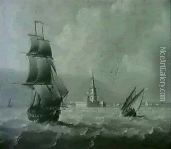 Shipping Off The Coast  Shipping In Rough Seas Off The Coast Oil Painting - Thomas Buttersworth