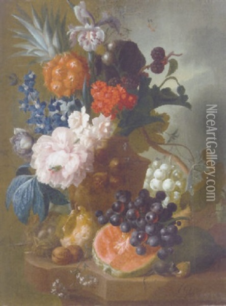 A Peony, An Iris, A Pineapple, Blackberries, Narcissi And Other Flowers In A Terracotta Vase With A Bird's Nest And A Mouse Oil Painting - Jan van Os