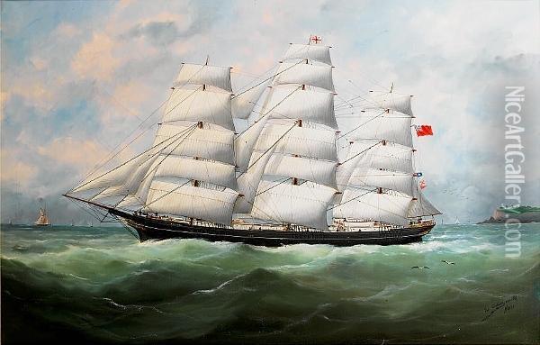 The Full-rigger 'king Ceolric' Running Down The Coast Under Full Sail Oil Painting - Marie-Edouard Adam Of Le Havre
