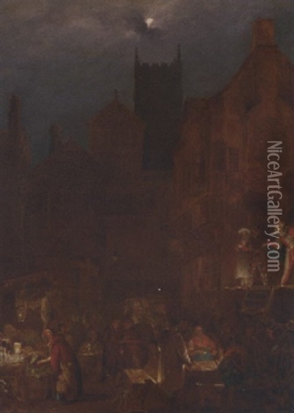 Figures In A Moonlit Market Before An Open Theatre Oil Painting - Nicholas Condy