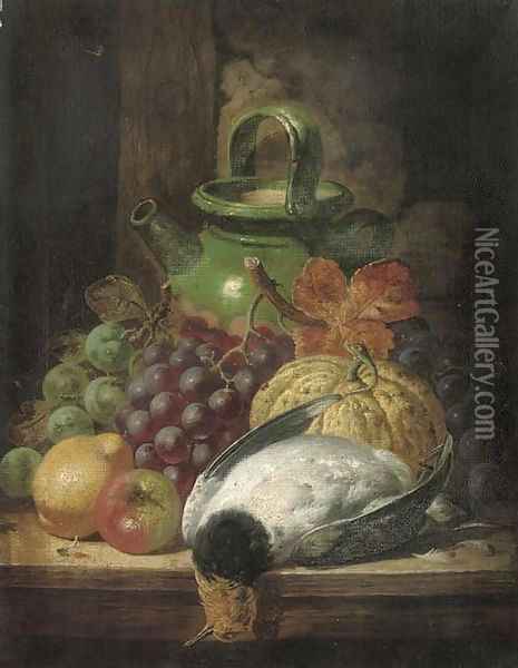 Grapes, a pumpkin, apple, pear, pigeon and pot, on a table Oil Painting - Charles Thomas Bale
