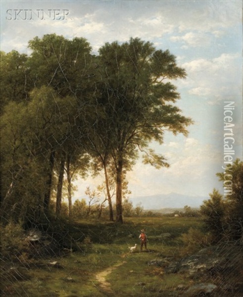 Sportsman And Dog In A Landscape Oil Painting - John William Casilear