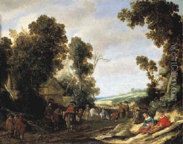 A Wooded Landscape With Cavaliers On A Road, A Cottage Beyond Oil Painting - Pieter De Molijn