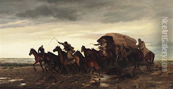 Soldaten Begleiten Siebenspannigen Planwagen An Einem Spatherbsttag Oil Painting - Heinrich Lang