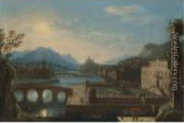 A Capriccio River Landscape With A Palace In The Foreground Oil Painting - Orazio Grevenbroeck