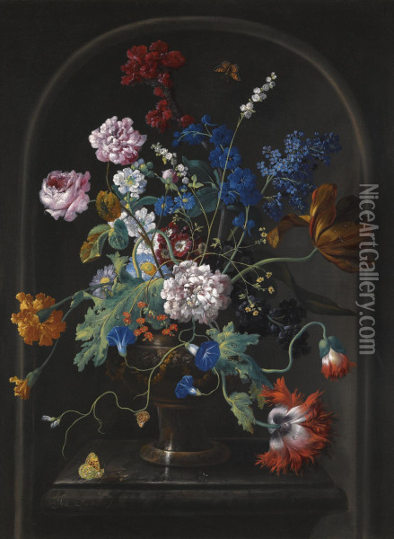A Still Life Of Roses, Tulips, Anemones, Bluebells And Other Flowers In A Vase, In A Stone Niche Oil Painting - Johann Baptist Drechsler