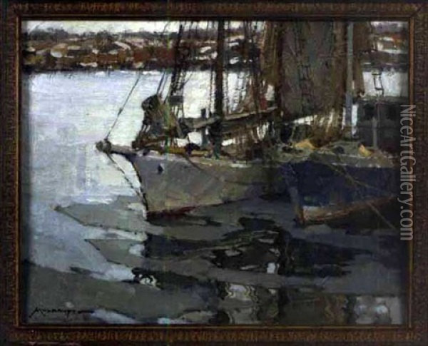Moving Ice, Gloucester Harbor Oil Painting - Frederick J. Mulhaupt