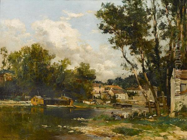 Washerwomen Beside The Loing At Moret Oil Painting - Maurice Levis