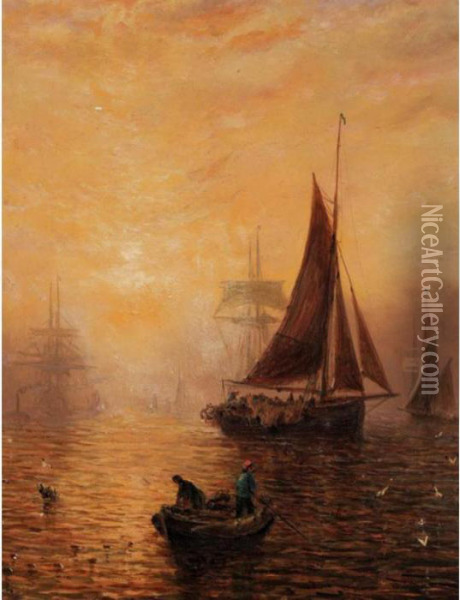 Shipping Fleet At Dusk Oil Painting - Adolphus Knell