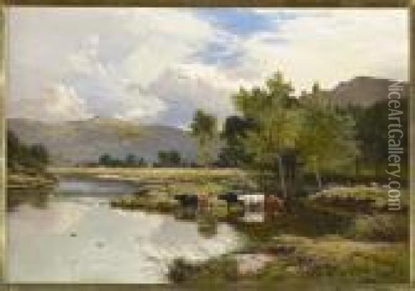 Cattle Watering By A Riverbank Oil Painting - Sidney Richard Percy