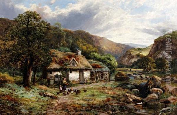 Mother And Child Feeding Hens Before A Tumbledown Thatched Cottage By A River Oil Painting - Robert John Hammond