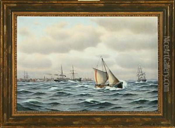 Ships On The Sound At Helsingor Oil Painting - Johan Jens Neumann