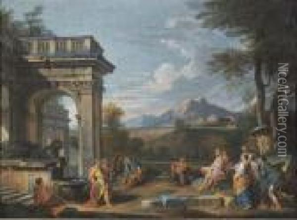 A Classical Landscape With The Judgement Of Midas Oil Painting - Giovanni Niccolo Servandoni