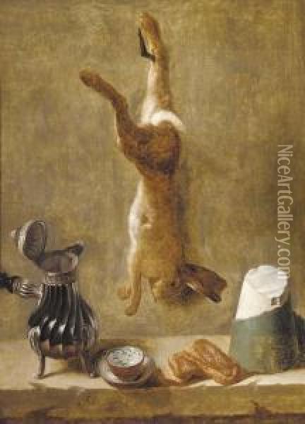 A Dead Hare Hanging From A Nail 
With Coffee Pot, Cup And Saucer, Pastries And Block Of Salt On A Ledge Oil Painting - Jacques Charles Oudry