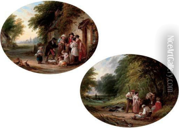 A Travelling Peddler; And A Picnic Oil Painting - John Anthony Puller