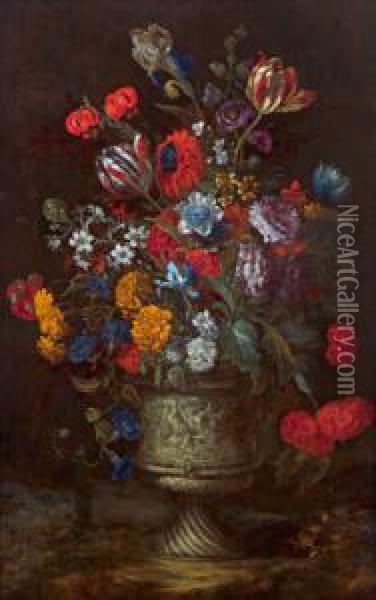 Natura Morta Floreale In Un Vaso Con Fregio Di Figure Oil Painting - Bartolommeo Bimbi
