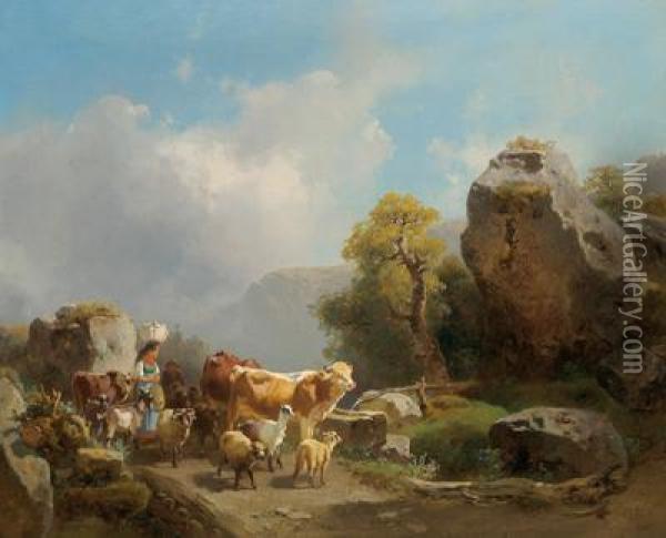 Circle Alpine Cattle Drive Oil Painting - Joseph Heike