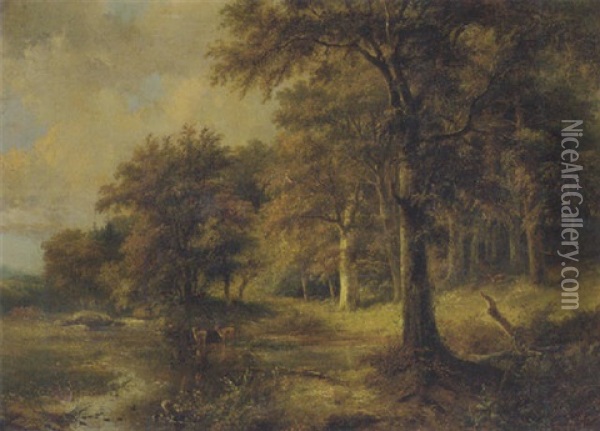 Deer In A Sunlit Open Spot In The Woods Oil Painting - Pieter Caspar Christ