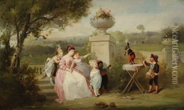 L'heureuse Famille Et Le Singe Savant Oil Painting - Francois-Louis Lanfant