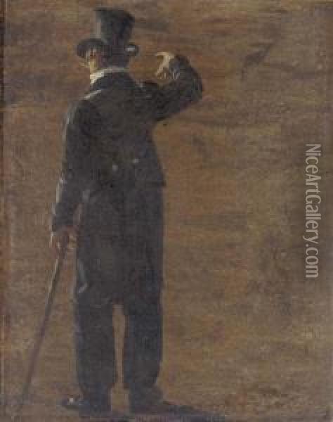 A Figure In A Morning Coat And Top Hat, Seen From Behind Oil Painting - Johan Christian Clausen Dahl