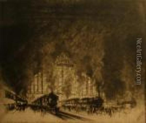 The Trains That Come, And The Trains That Go Oil Painting - Joseph Pennell