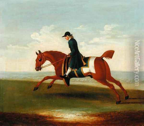 Chestnut Racehorse Exercised by a Trainer in a Blue Coat Oil Painting - James Seymour