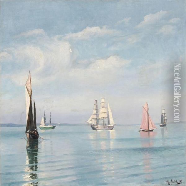 Seascape With Sailing Ships On A Summer Day Oil Painting - Viggo Helsted