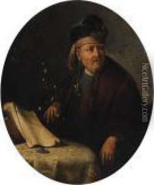 Portrait Of A Man, Half-length, 
In Oriental Costume, Seated At Atable; And Portrait Of A Woman, 
Half-length, In Fur-trimmed Robesand A Headdress, Seated At A Table Oil Painting - Gerrit Dou