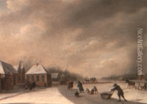Winter Landscape With Skaters Oil Painting - Johannes I Janson
