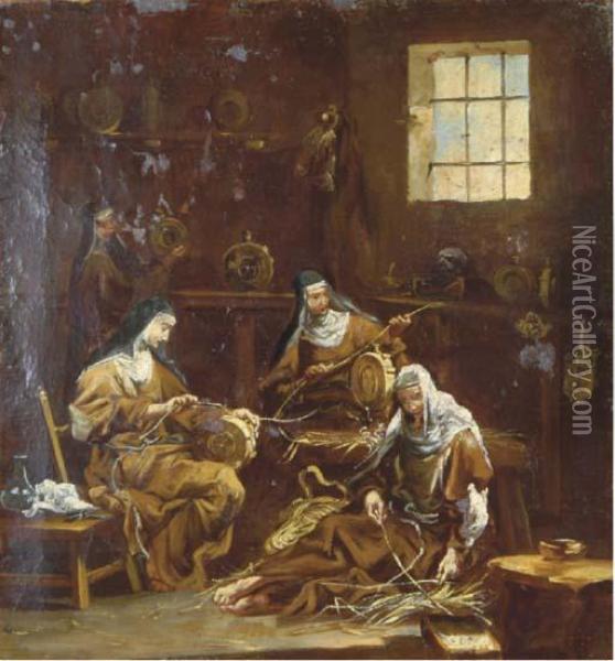 An Interior With Monks Resting By A Fire; And An Interior With Nuns Spinning Oil Painting - Alessandro Magnasco