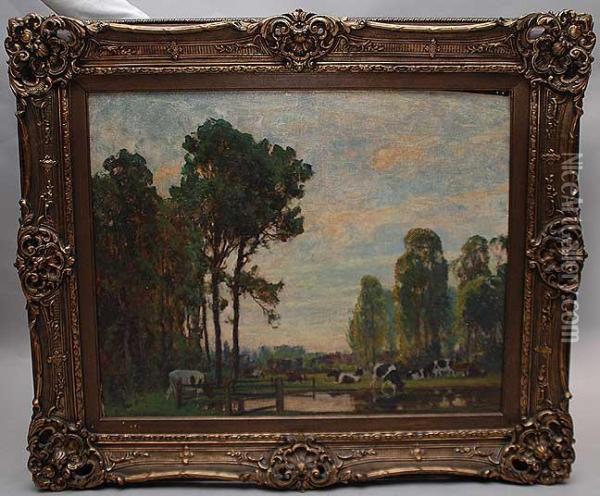 Landscape With Cows Grazing Oil Painting - Carl Langhammer