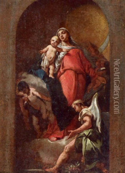 Madonna Mit Kind Und Zwei Engeln Oil Painting - Giovanni Antonio Guardi