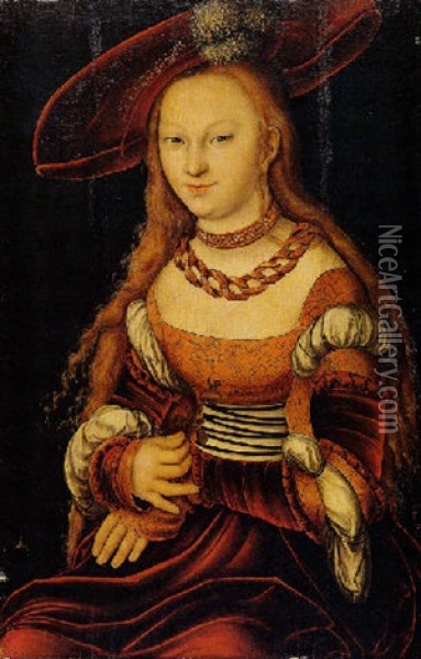 Portrait Of A Young Lady Wearing A Red And Orange Dress And A Wide-brimmed Plumed Hat, Holding A Flower Oil Painting - Lucas Cranach the Elder