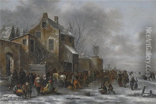 Winterlandschaft Mit Bauern, Spaziergangern Und Eislaufern Vor Der Stadt Oil Painting - Nicolaes Molenaer