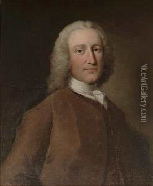 Portrait Of A Gentleman, Half-length, In A Brown Coat , With A White Cravat Oil Painting - Thomas Frye
