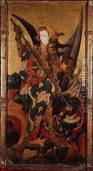 St. Michael Killing the Dragon or Vanquishing the Devil, early 15th century Oil Painting - Gonzalo Perez