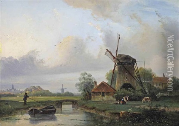 A River Landscape With Figures Near A Windmill Oil Painting - Johan Barthold Jongkind